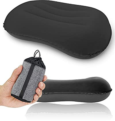 Rantizon Oreiller de camping ultra léger, compressible, compact, confortable, ergonomique avec sac de rangement, pour soutien du cou et des lombaires, pour randonnée, camping, voyage, 99,2 g, Noir , 1