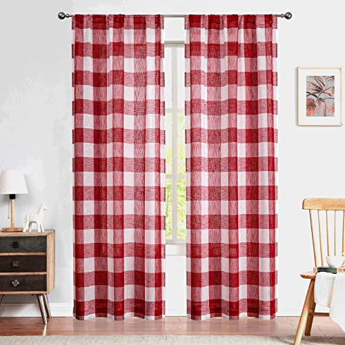 Amzdecor Rote Buffalo karierte Vorhänge, Leinenstruktur, durchsichtige Paneele, karierte Stangentasche, rustikale Fensterbehandlungs-Sets für Wohnzimmer, Schlafzimmer, 101.6x248.9 cm, rot und weiß.