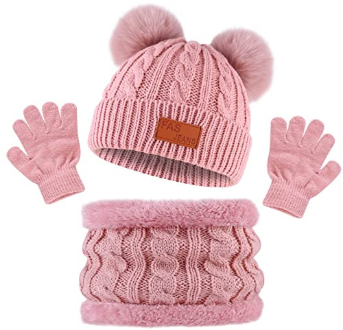 Bekecidi Kids Winter Warm Hat Scarf Gloves Set, Winter Warm Knitted Beanie Hat Scarf Gloves Set Toddler Thermals Pom Pom Bobble Hat Fluffy Neck Warmer and Gloves for Girls Boys Age 1-5 (Pink)