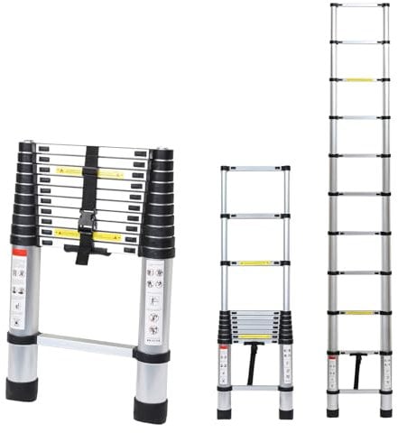 Cecaylie Teleskopleiter Aluminium 3,2M Mehrzweckleiter mit 2 Abnehmbarem Haken, Leiter Teleskop-Design, 150 kg/330 Pfund Belastbarkeit, Stehleiter Rutschfester, Silber