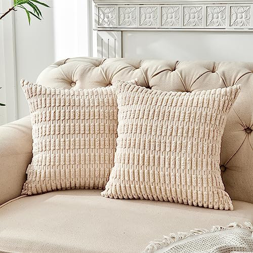 FY FIBER HOUSE 2er Set gemütliche Gestreifter Kordsamt Kissenbezüge Kissenhülle, dekorative quadratische Zierkissenbezüge für Couch, Bett, Sofa, 50x50cm, Cremig