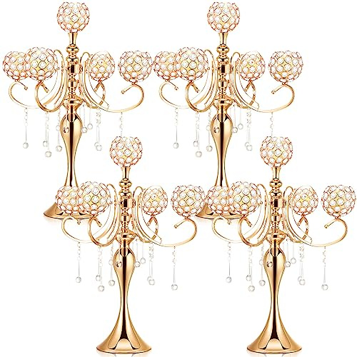 Dandat 4 Stück 65,6 cm 5 Arm Kristall Kandelaber Kerzenhalter Mittelstücke Gold Kristall Kandelaber Tafelaufsätze Kristall Kerzenhalter Kerzenhalter Formale Party Dekorationen für Tische Hochzeit
