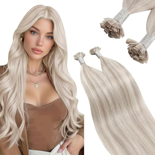 Ugeat Bonding Extensions Echthaar Platin Blond 50 cm 50G 50S #P18/613 | Flat Tip Extensions Echthaar, Highlight Aschblond mit Platinblond, Bondings Keratin Extensions, weich, für Länge und Volumen