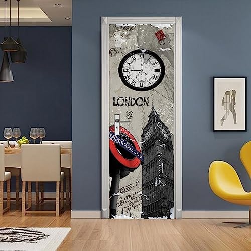 A.Monamour Türtapete Selbstklebend Türfolie Türposter 3D Big Ben London Im Retro-Stil Vinyl Folie Türdeko Tapete Wandbild Türaufkleber Türtattoo 77x200cm