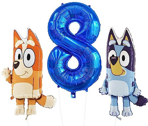 Toyland® Bluey & Bingo Folienballon-Set – 2 x 32-Zoll-Charakterballons und 1 x 40-Zoll-Zahlenballon – Partydekorationen für Kinder