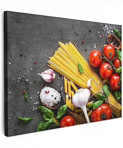 MuchoWow© Impressions sur Toile 40x30 cm Deco Tableau Murale Decoration Salon Peinture Tableaux Chambre Toiles Maison Pâtes - Herbes - Tomate - Epices - Rustique