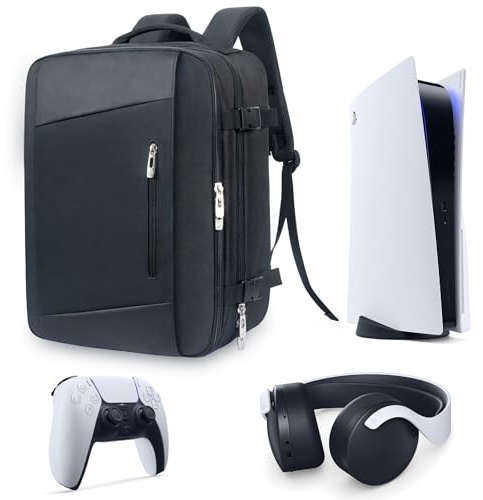 Hap Tim Travel Backpack for PS5 Console, Padded Protection PlayStation 5 Carrying Case, Large Capacity for Laptop, PS5 Controller, Headset, Game Discs and Accessories, Black （P-2306）