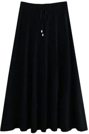 Frauen Herbst Winter Dicke A-Linie Maxi Lange Plissee Strickröcke Kordelzug Weiche Knöchel Lange Strickröcke, Schwarz , Einheitsgröße