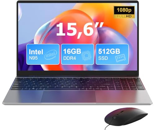 PC Portatile 15,6, 16GB RAM 512GB SSD, Quad Core CPU N95(Fino a 3,4 GHz) Computer Portatile, 2.4G/5G WiFi, BT5.0, Type C, USB3.0, Tastiera Numerica Dimensione Piena Per Ufficio, Mouse incluso