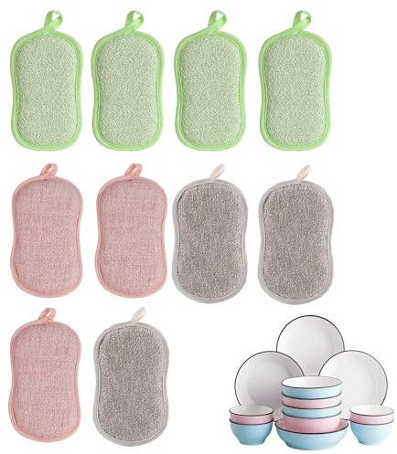 TUKEVA 10 pezzi Spugnette Abrasive Riutilizzabile Spugnette Cucina Microfibra Domestico Lavaggio Paglietta Riutilizzabili Per la Pulizia di Posate, Pentole, Ciotole, Piatti e Tegami (colori misti)