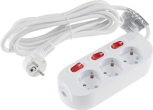 ChiliTec Multiprise à 3 prises avec interrupteur unique et câble de 3 m pour chaque prise avec protection de contact accrue - Blanc