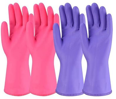 2 Pairs Rubber Long Sleeve Gloves with Cotton Lining Reusable Waterproof Washing Up Gloves for Cleaning Dishes, Gardening(Pink+Purple)