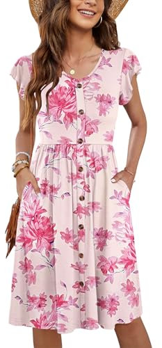 MOLERANI Femmes Robe D'été sans Manches V Cou Décontracté Swing Taille élastique avec Poche Robe De Midi pour Les Femmes Fleur Rose M