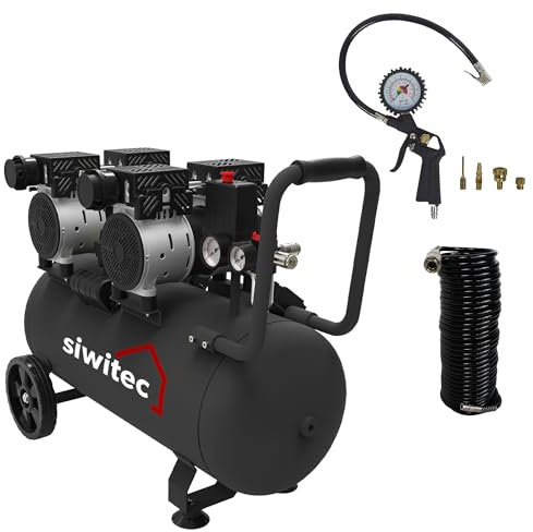 siwitec Flüsterkompressor SK-1500 inkl. 10 m Druckluftschlauch und Reifenfüller mit 4 Adaptern | Kompressor mit 1500 W, 50 L Kessel, max. Druck 8 bar, 67 dB, 252 l/min Ansaugleistung | ölfrei