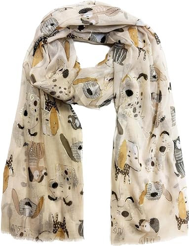 J26 Leichte Sommer Seide Tuch mit Katze Hunde Motiv XL Schal Silk Seidenschal Seindentuch Cat Dog Halstuch Hochwertig Glitzer (Glitzer Hunde Beige)