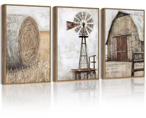 Drsoum Bauernhaus-Wandkunst, Vintage, rustikale Windmühle, Scheune, Kornfeld, Bilder, gerahmt, Gemälde, Landschaft, ländlich, Leinwand, Kunstwerk, Heimdekoration, fertig zum Aufhängen, 27,9 x 35,6 cm,