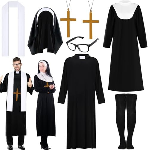 Matiniy Priester-Kostüm und Nonnen-Outfit für Erwachsene, inklusive weißer Stola, schwarzer Robe, Socken, Brille für Halloween, Cosplay-Zubehör, Größe L