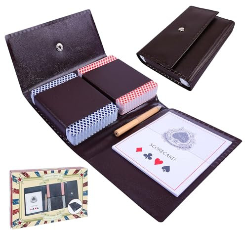 GOTHINK Spielkarten-Set mit 2 Packs im Lederetui - Mit 2 Decks Standard Spielkarten, Bleistift und Punkteblock - Auch zur Aufbewahrung von Bridge-Size Poker-Karten für Outdoor geeignet