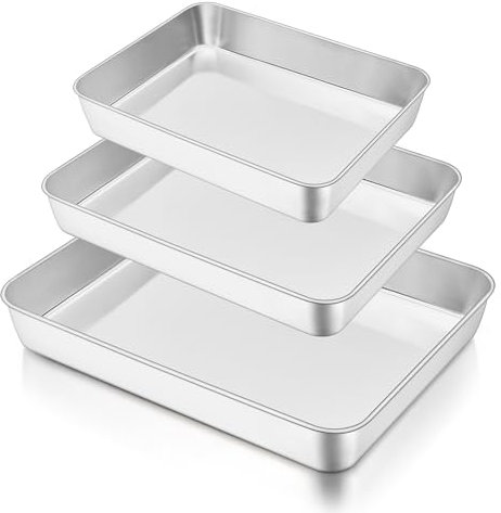 Joyfair Baking Oven Tray, Stainless Steel Baking Sheet Pan Set of 3, Rectangle Deep Cake Tin/Brownie Pan for Roasting Serving Cooking, Heavy Duty & Rust Proof & Easy Clean, 3 Different Size