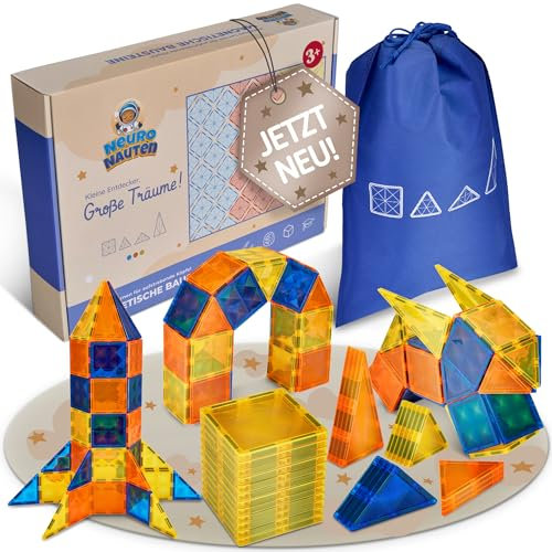 NeuroNauten Magnetische Bausteine für Kinder – Magnet-Sensorik Spielzeug | Kreativität & Lernen fördern - Magnetbausteine ab 3 Jahre mit Tragetasche & Anleitungskarten | Magnetic Tiles