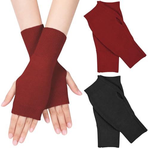 MELLIEX 2 Paar Halb Fingerlose Handschuhe, Winter Pulswärmer Handschuhe Unisex Warm Weiche Strickhandschuhe, Schwarz/Rot