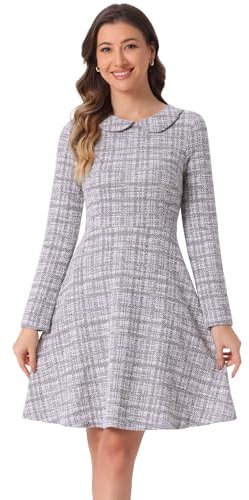 Allegra K Damen Vintage Tweed Kleid Kariert Gitter Bubikragen Langarm A-Linie Minikleid Lila XS