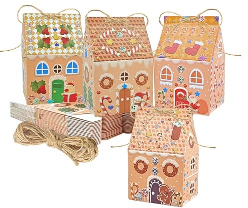 24 Stück Weihnachten Party Geschenkboxen, Weihnachten Geschenktüten, Haus mit Hanfseil, Kraftpapier Süßigkeitskästen, Kraftpapier Süßigkeitskästen, Grußkarten für Süßigkeiten