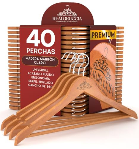 40 Perchas de Madera Marrón Claro para Ropa Camisas Chaquetas 22x45cm RealGruccia - Barra para Pantalones Gancho Giratorio 360° y Ranuras Antideslizantes para Hombros - Perfil Biselado y Acabado Liso