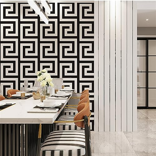 LMTYJZRY Wallpaper Geometric Wall Papers Black Grey Luxury Satin Effect Large Greek Key Wallpaper Living Room Background Decor(0.53 * 10M)(B)