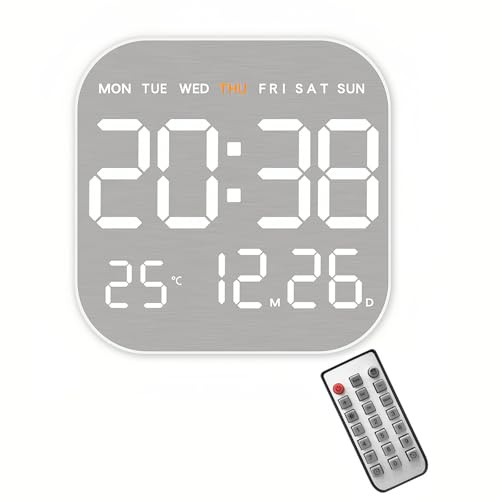 Lancoon Elektronische Wanduhr mit Gebürstetem Metall Quadratische Countdown-Funktion Fernbedienung 10 Stufen der Helligkeit Anpassung Temperatur Datum Woche für Wohnzimmer Home