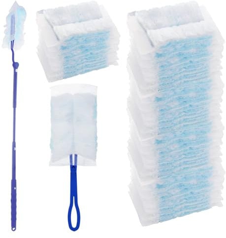 50 Piezas Plumero Atrapa Polvo Compatible con Swiffer - Plumero Extensible - Plumero Telescópico, en Fibra con Tecnología Electroestática, Incluye 1 Mango Plegable y 1 Mango Telescópico 90 cm