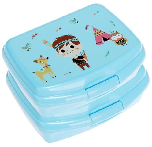 com-four® 2x Lunch-Box mit lustigen Indianer - mit Tiermotiven für Jungen und Mädchen - Blau Kinder Essbox - für Schule und Ausflüge (2x Lunchbox blau)
