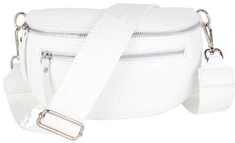 MIRROSI® Damen Bauchtasche Umhängetasche 27x14,5x8cm Damen, Made in Italy, aus Echtleder Tasche Echtes Leder, Brusttasche, Crossbody Bag,Bohemian Style (1 Tasche 2 Gurte) (Weiß (Uni Weiß))