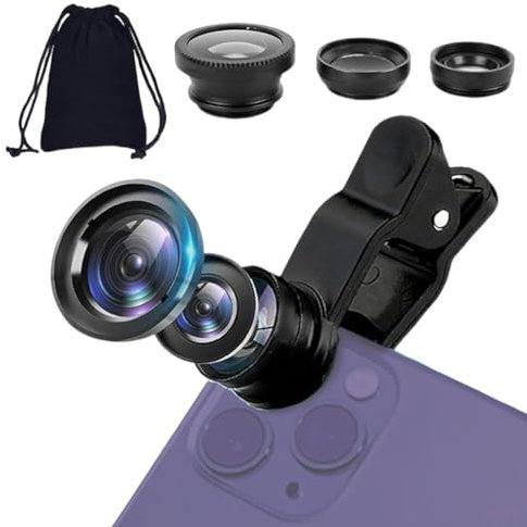 fKiZanthene 3-in-1 Macro Lens for Phone, Universal Fisheye Lens & Macro Lens, Compatible with Alomst Any Smartphones, Easy Clip-On Installation Includes A Small Storage Bag (Black)