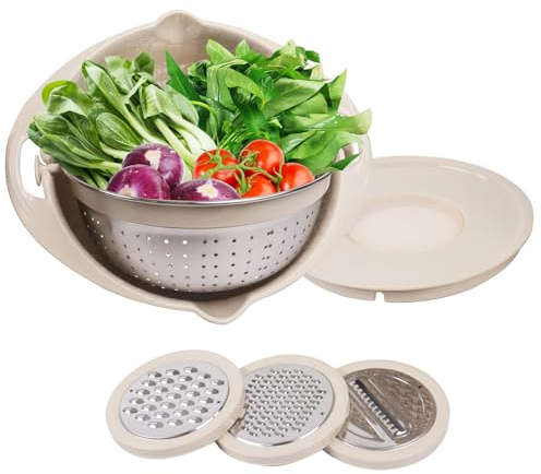 ZoeQide Sieb Set 4 in 1, Drehbare Schüssel mit Edelstahl Sieb und Reiben | Drehbares Sieb mit Schüssel für Obst, Gemüse, Nudeln und Salat, mit 3 Reibeinsätzen für kompakte Küchenarbeit im Alltag