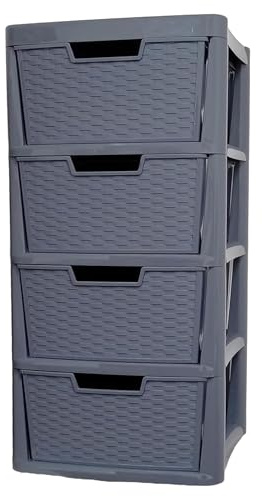 KYY'Z - Large Plastic Rattan Storage Drawers Unit with Deep Pull-Out Baskets - Durable Multipurpose Cabinet Organizer for Home Office, Bedroom, Bathroom, Garage, Utility Room (Rattan/Grey, 4 Tier)