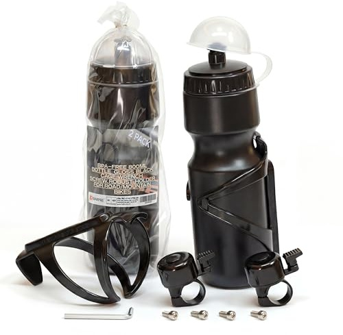 2 Pack Bike Bottle Cage Kit with 2x Water Bottles (650ml) & 2x Bells - 2 Sets of Bicycle Cup Holders & Sports Drinks Bottles for Road, Mountain, Hybrid & Electric Bikes - Black