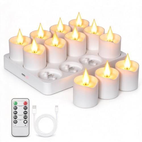 Diealles Shine 12er LED Teelichter Wiederaufladbar mit Ladestation | Teelichter LED Aufladbar mit Timer, Dimmbar, Flackernd,2 Std. Ladezeit, 18-60 Std,Party Halloween Weihnachten Deko