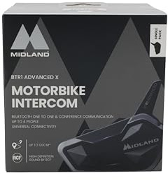 Midland - Interfono Moto Bluetooth BTR1 Advanced X, Auricolare Casco Moto, 1200m, Conversazione 4 Persone, Connessione Smartphone/GPS/Musica Audio RFC Professionale 23h di Autonomia/Radio FM/ECE 22.06