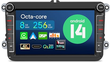 XTRONS Android 14 Autoradio für VW Golf T5 Passat Touran, Qualcomm Snapdragon 665 8+256GB Autoradio mit Navi, 8” QLED IPS -Bildschirm, HDMI-Ausgang/Integriertes 4G LTE/WiFi/Car Play/GPS/Bluetooth 5.0