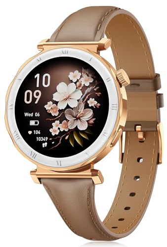 BOALZETD Smartwatch Donna - Elegante e Piccolo con Display AMOLED 1,19 Cinturino in Pelle Sottile, Orologio Fitness con Contapassi, Cardiofrequenzimetro/SpO2/Sonno per iOS/Android, Rosa Oro/Marrone
