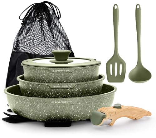 DishDelight Topfset Pfannenset Abnehmbarer Griff 10-teilige Camping Pfanne Töpfe Induktion mit Deckel Platzsparendes Topf und Pfannenset