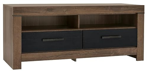 PEGANE Meuble TV avec 2 tiroirs et Une étagère, Coloris Chêne Marron foncé/Chêne Noir - Longueur 140 x Profondeur 45 x Hauteur 61 cm