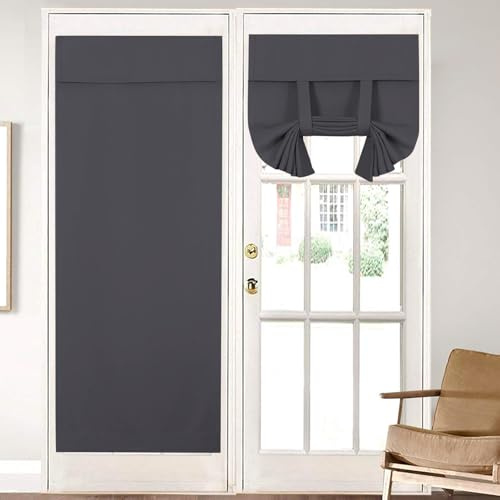 YedZen French Door Blinds, 26W x 68L Inch 95% Blackout Stick On Door Curtains, Thermal Privacy and Light Control, Front Door Curtain with Tie Straps, No Drilling, Grey