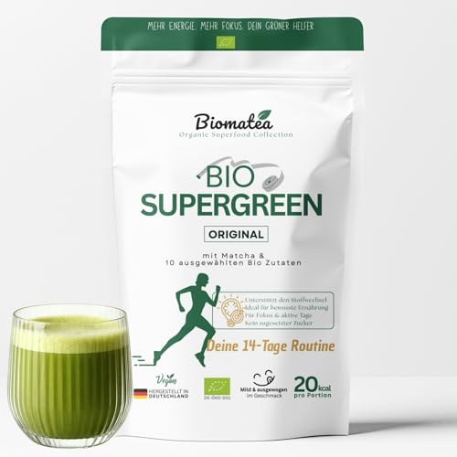 Supergreen Original – Superfood Pulver mit Matcha, Moringa, Gerstengras, Ingwer, Spirulina & Chlorella – Grünes Smoothie Pulver – Vegan – 100 g