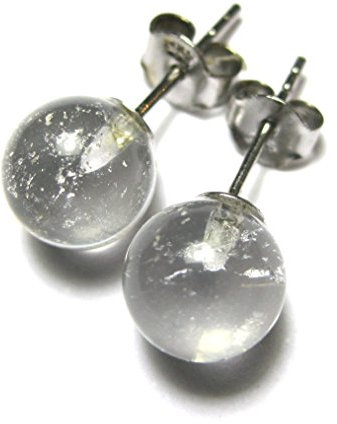 Pendientes de tuerca de cristal de roca con forma de bola, diámetro de 8 mm. Los conectores y los pendientes son de plata.