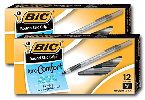 Bic Ultra Round Stic Grip Ball Point Pens, Medium Point, 1.2 mm, Black Ink (24 Pens) by BIC