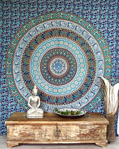 GURU SHOP Boho-Style Wandbehang, Indische Tagesdecke Mandala Druck- Blau/grün, Mehrfarbig, Baumwolle, 225x205x0,2 cm, Bettüberwurf, Sofa Überwurf