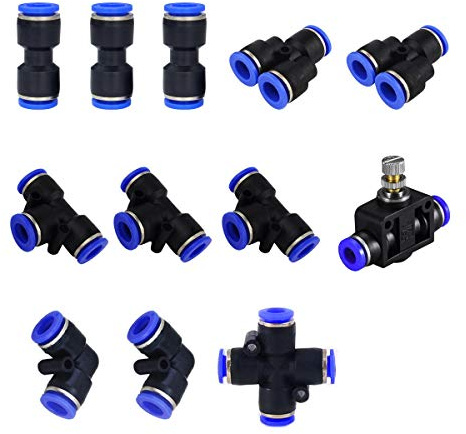 Set di raccordi rapidi da 6 mm, connettori per tubi da 1/4 (3 diritte, 2 gomiti, 3 tee, 2 divisori, 1 valvola a mano, 1 croce)
