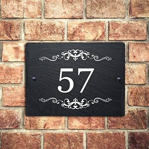 Slate House Signs Personalised Door Number Plaques for Wall Outside UV Printed Natural Slate Rustic Choice of 5 Sizes 6 Fonts Ideal For Home, Office, Gate, Porch(20x15cm Rectangle Decorative Pattern)